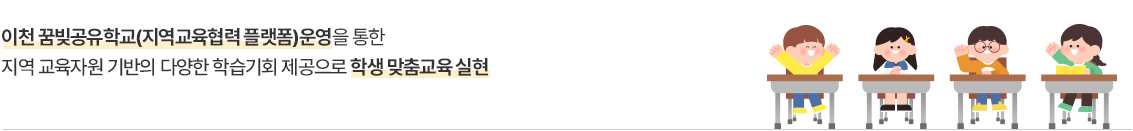 이천 꿈빛공유학교 목적 이미지입니다. 이천 꿈빛공유학교(지역교육협력플랫폼) 운영안을 통한 지역 교육자원 기반의 다양한 학습기회 제공으로 학생 맞춤교육 실현